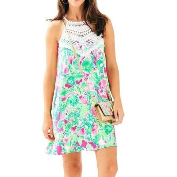 Lilly Pulitzer Mila Raz Berry Catty Shack Pearl Lace Pink & Green Shift Dress - Picture 2 of 8